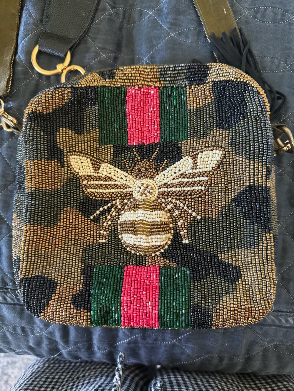 Moyna Beaded Camouflage Crossbody with Gold Bee and Green/Red Stripes
